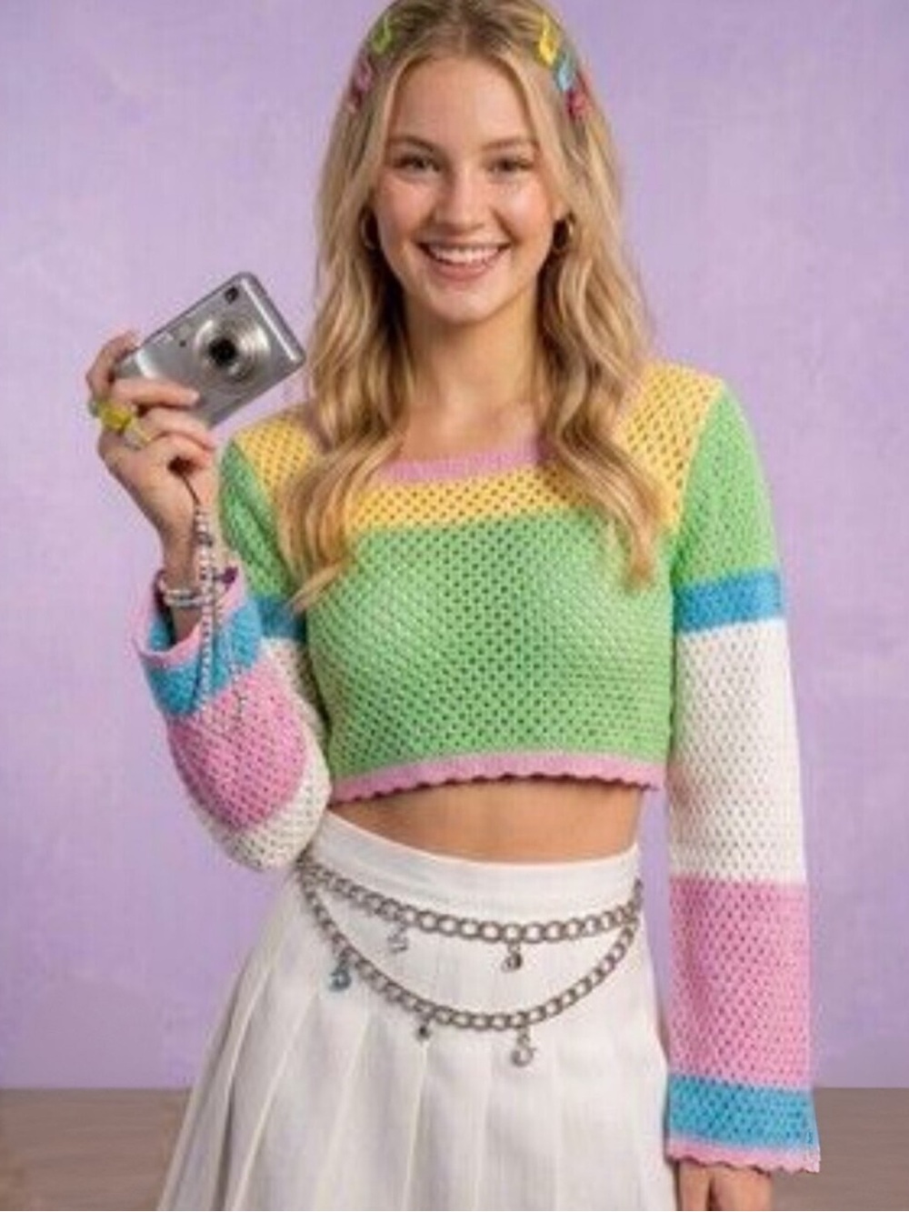 Sincerely Jules Pastel Cropped Crochet Top - Multi. Size M